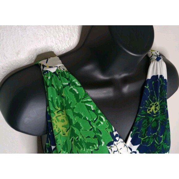 Green Blue White Floral Halter Maxi Dress Stretch Comfort Summer Spring Casual M - Picture 7 of 9